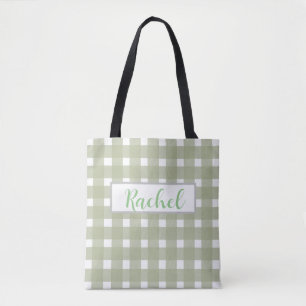 Tote Bag Sage Vert Blanc En vichy Personnalisé