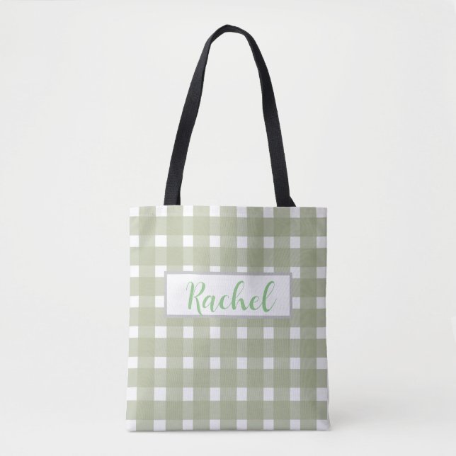 Tote Bag Sage Vert Blanc En vichy Personnalisé (Devant)