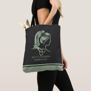 Tote Bag Sage vert cheveux styliste logo texte personnalisé