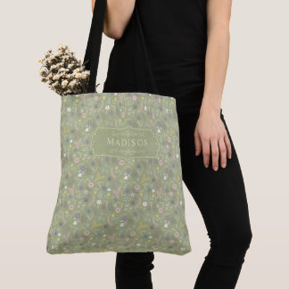 Tote Bag Sage Vert Fleurs Roses et Blanches Motif Floral Bo
