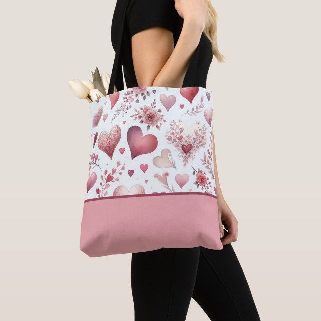 Tote Bag Saint-Valentin Coeurs rose et rouge, Bloc de coule (De près)