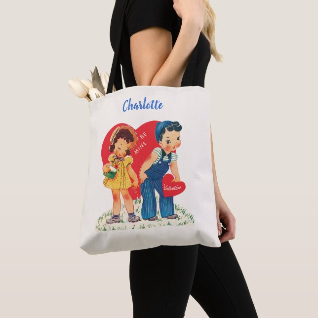 Tote Bag Saint-Valentin Rétro, Cœurs de Fille et de Garçon  (De près)