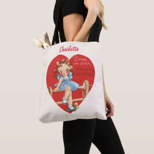 Tote Bag Saint-Valentin rétro, fille vintage sur une clôtur