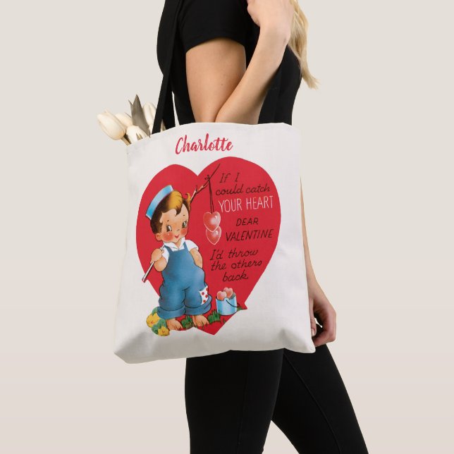 Tote Bag Saint-Valentin Rétro, Garçon Rétro Pêchant des Cœu (De près)