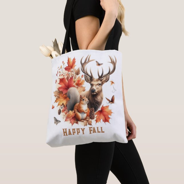 Tote Bag Saison d'automne Cerf Feuilles orange (De près)