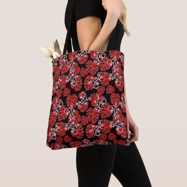 Tote Bag Salamandre Répétante Et Motif Feuille Rouge (De près)