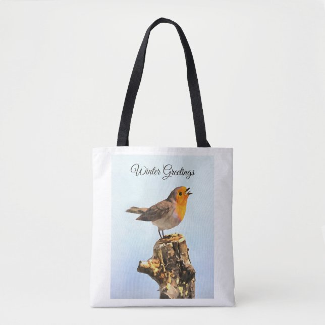 Tote Bag Salutations d'hiver. Rougegorge chantant  (Devant)
