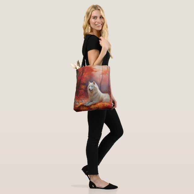Tote Bag Samoyé en automne Leaves Fall Inspire (Sur le modèle)