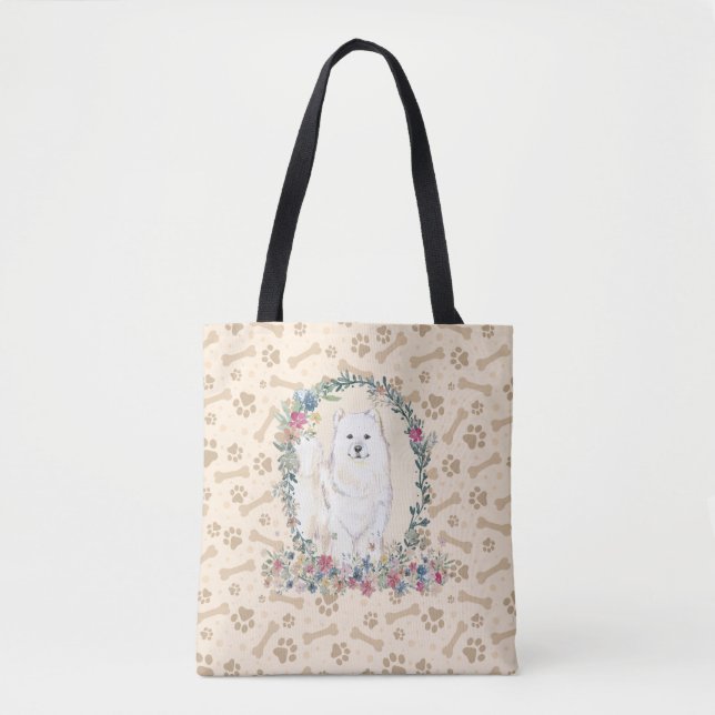 Tote Bag Samoyed Empreinte de patte chien et chien os migno (Devant)