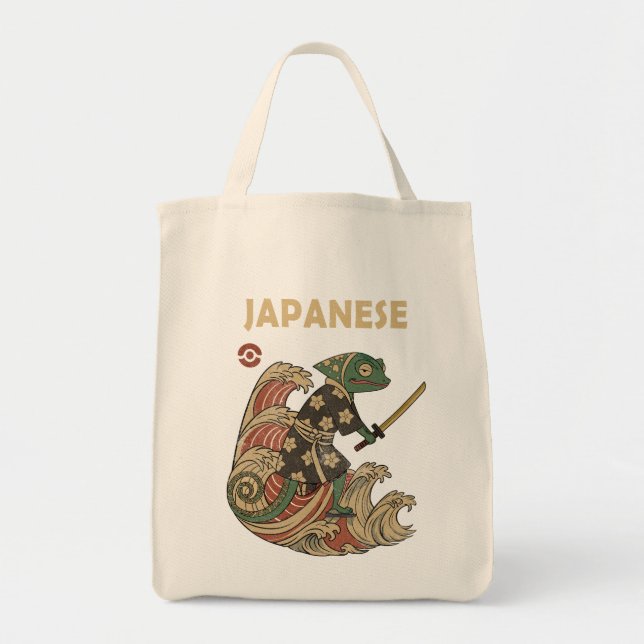 Tote Bag Samurai Chameleon Riding the Wave – Vintage  (Devant)