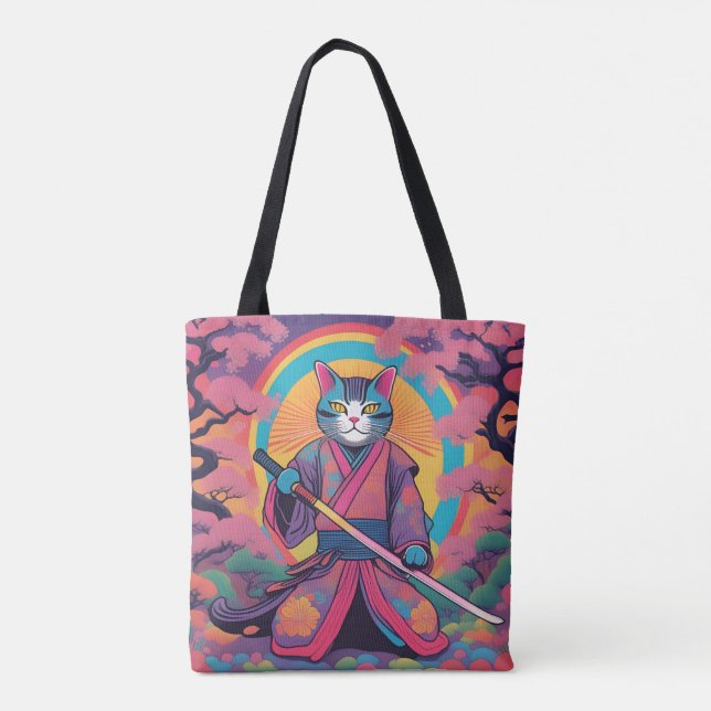 Tote Bag Samurai Chat tenant un Katana Design (Dos)