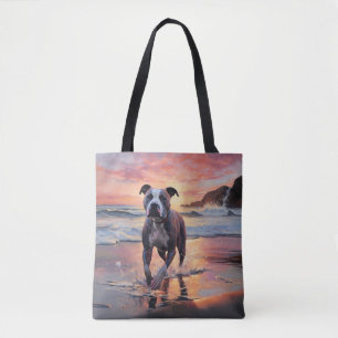 Tote Bag Sandy American Staffordshire Dog on Beach Sunset