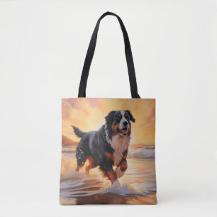 Tote Bag Sandy Paws Bernese Mountain Dog on Beach Sunset