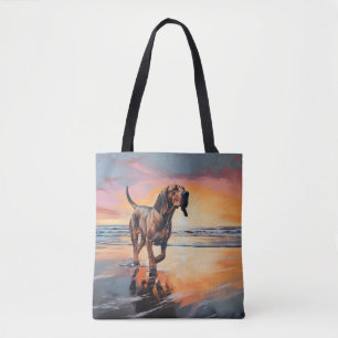 Tote Bag Sandy Paws Bloodhound Dog on Beach Sunset