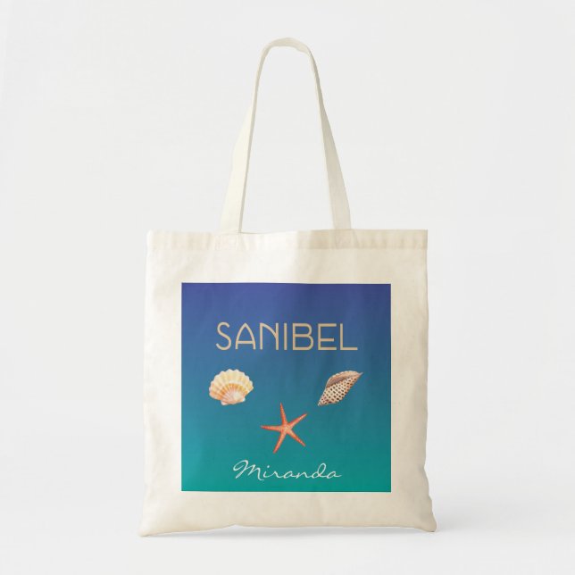 Tote Bag Sanibel avec des coquillages et le nom fait sur (Devant)