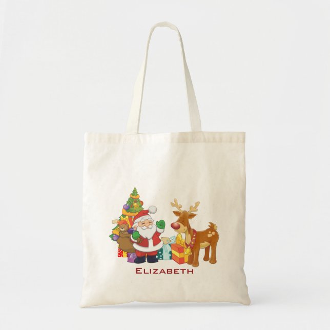 Tote Bag Santa and Reindeer par Christmas Tree with Present (Devant)