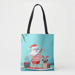 Tote Bag Santa Claus and His Pug on a surfboard