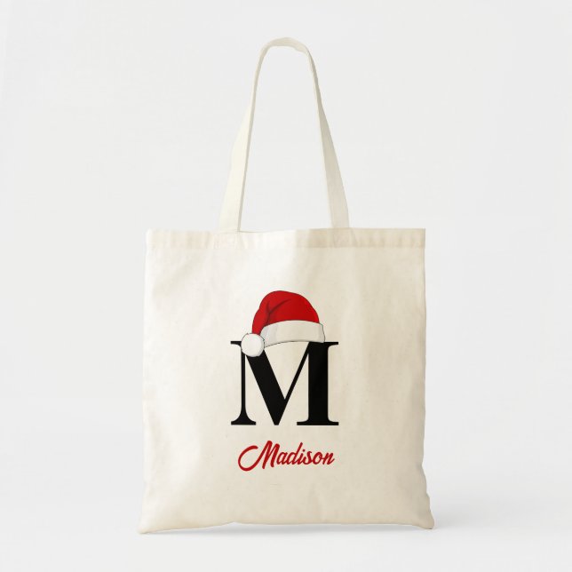 Tote Bag Santa Hat Custom Monogramme Rouge Script Noël (Devant)