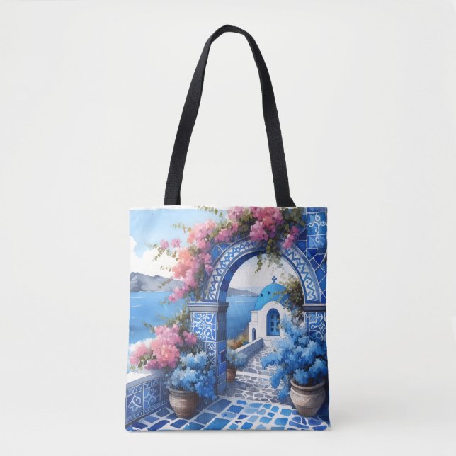 Tote Bag Santorin Blue Coast Mariage Anniversaire Personnal (Devant)