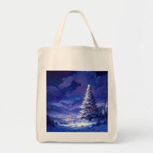 Tote Bag Sapin de Noël lumineux paysage de montagne enneigé