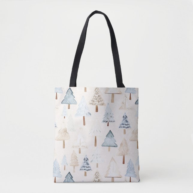 Tote Bag Sapins de Noël Bleus Beige Crème (Devant)