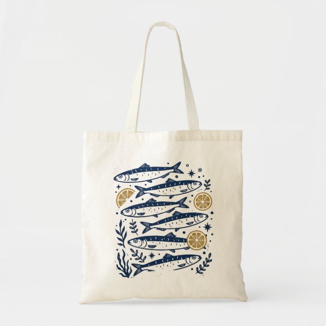 Tote Bag Sardines Vintage Impression Linogravure Bleu Poiss (Devant)