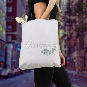 Tote Bag Sauge Eucalyptus en Ivoire Élégant Nom Personnalis