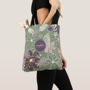 Tote Bag sauge prune violet plumes lilas fleurs motif
