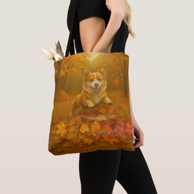 Tote Bag Saut de feuille de Corgi (De près)