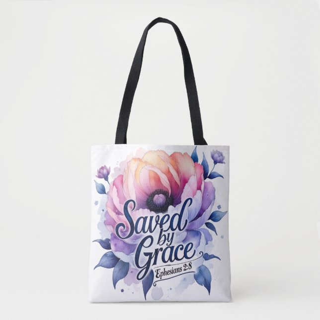 Tote Bag Sauvé par la Grâce – Conception Florale Chrétienne (Devant)