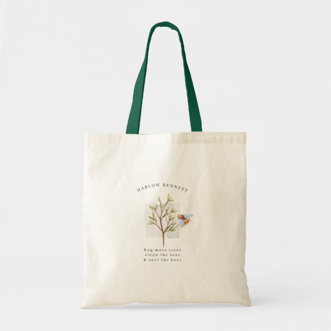 Tote Bag Sauvez les abeilles | Aquarelle Monogramme vert (Devant)