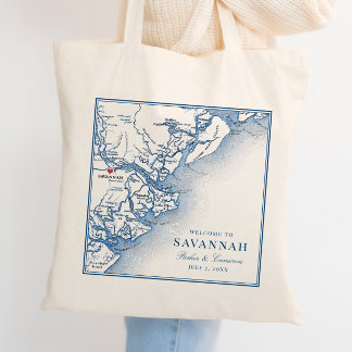 Tote Bag Savannah Géorgie Carte Élégant Mariage Bleu Marin