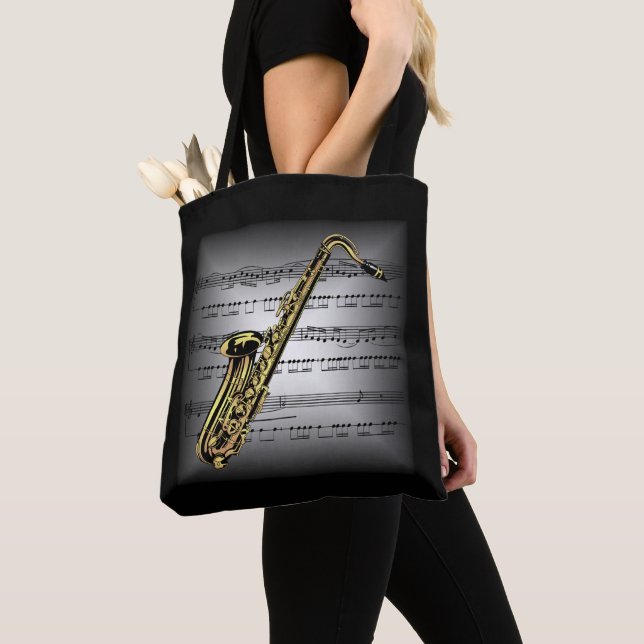 Tote Bag Saxophone ~ 3D Partition Partielle ~ Gris/Noir Cou (De près)