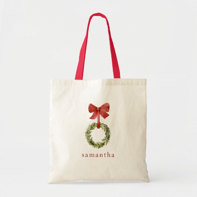 Tote Bag Scandi Christmas Wreath Red Bow Nom personnalisé (Devant)