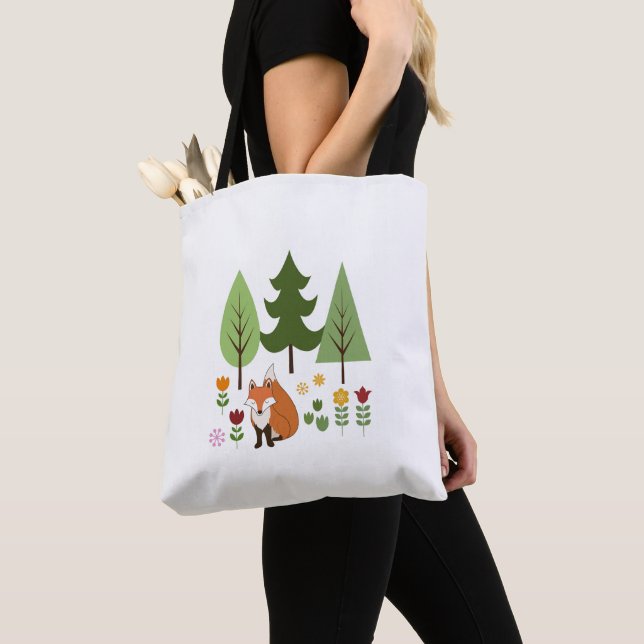Tote Bag Scandinavian Style Fox Flowers Trees Illustration (De près)
