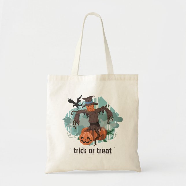Tote Bag Scarecrow & Citrouille Halloween Tricoter ou Treat (Devant)