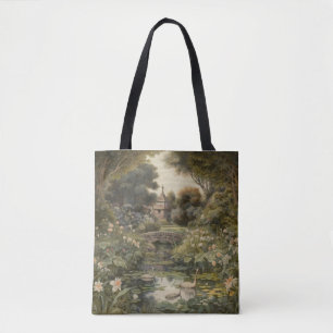 Tote Bag Scène botanique de cygnes dans un jardin anglais