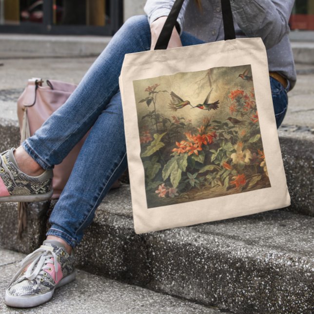 Tote Bag Scène botanique vintage d'hummingbirdet de fleurs (Créateur téléchargé)