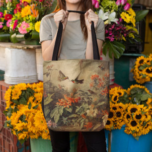 Tote Bag Scène botanique vintage d'hummingbirdet de fleurs