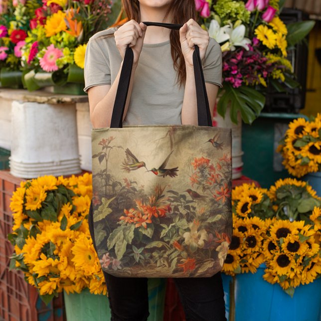 Tote Bag Scène botanique vintage d'hummingbirdet de fleurs (Créateur téléchargé)