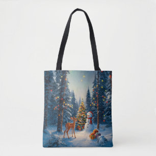 Tote Bag Scene d'arbre de Noël Cute Deer Fawn Snowman