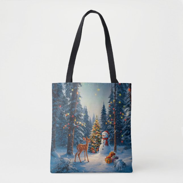 Tote Bag Scene d'arbre de Noël Cute Deer Fawn Snowman (Devant)