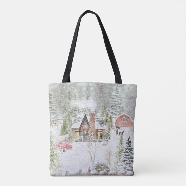 Tote Bag Scène de cabane de Noël hivernal enneigée (Dos)