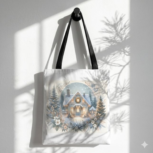 Tote Bag Scène de cabane enneigée lumineuse (Snowy Cottage Glow Scene Tote Bag)