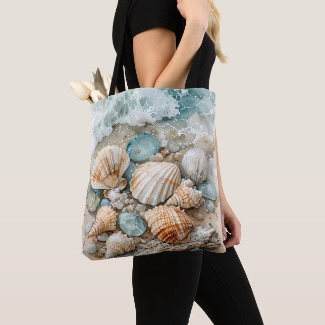 Tote Bag Scène de coquillages de mer côtière à l'aquarelle  (De près)