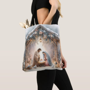 Tote Bag Scène de la Nativité rustique avec fleurs d'hiver