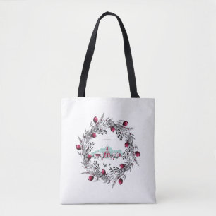 Tote Bag Scène de l'église vintage d'hiver avec couronne de