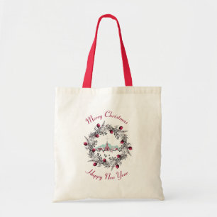 Tote Bag Scène de l'église vintage d'hiver avec couronne de