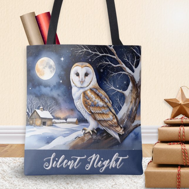 Tote Bag Scène de neige hivernale Grotte Chouette (A stylish tote bag with picture of a barn owl in a winter snow scene and words 'Silent Night')