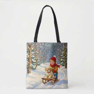 Tote Bag Scène de Noël vintage, garçon sur un traîneau avec